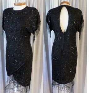 Vintage Silk Dress Fringe 8 Beads Sequins Kazar M